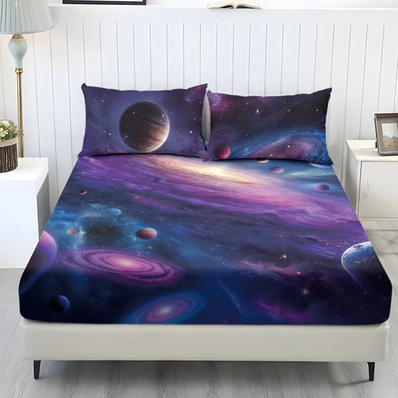 Xixirimido Galaxy & Planets Print Sheet Set Soft Fade Resistant 3 Piece Bed Sheet Set All Around Elastic Fitted Sheet & Pillowcases Home Bedroom Decor, Twin Size