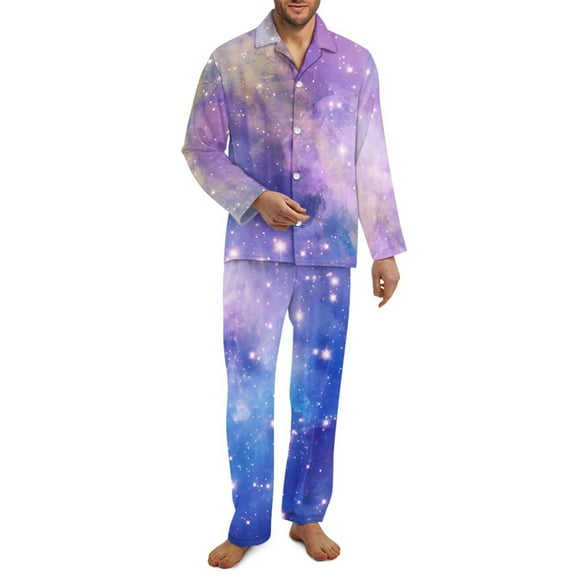 Xixirimido Galaxy and Stars Pattern Mens Pajama Set Soft Button Down Pajamas Long Sleeve Pjs Sleepwear Loungear Comfy Sleep Sets with Pockets, X-Small