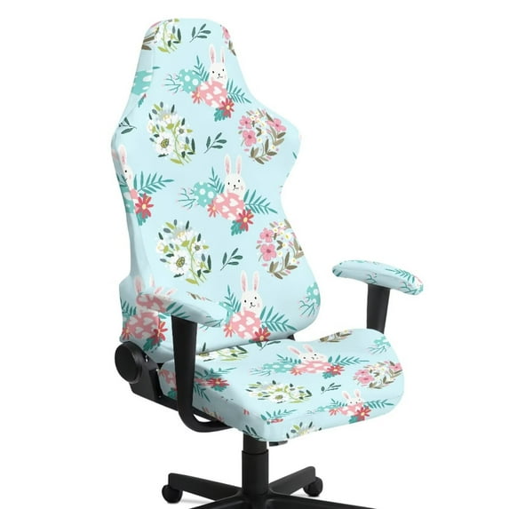 Xixirimido Gaming Chair Covers, 3D Printing Stretchable Computer Chair Slipcover Soft Non-Slip Gamer Chair Cover with Armrest Covers, Rabbit Floral Easter Egg Blue