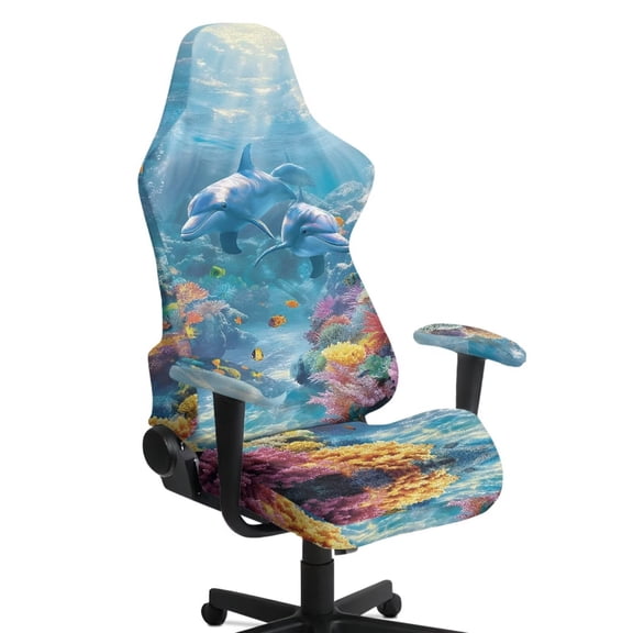 Xixirimido Gaming Chair Covers with Armrest Covers 4Pcs Stretch Game Computer Office Chair Slipcovers Rotating Armchair Protective Cover, Undersea Dolphin Fish Corals