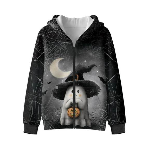 Xixirimido Ghost Moon Spider Web Pattern Hoodies for Girls Boys Zip Up Hoodie Sweatshirt Teen Lightweight Fall Winter Jacket Casual Long Sleeve Pullover Top for Halloween for 9-11 Years
