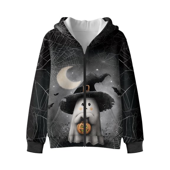 Xixirimido Ghost Moon Spider Web Pattern Hoodies for Girls Boys Zip Up Hoodie Sweatshirt Teen Lightweight Fall Winter Jacket Casual Long Sleeve Pullover Top for Halloween for 6-8 Years
