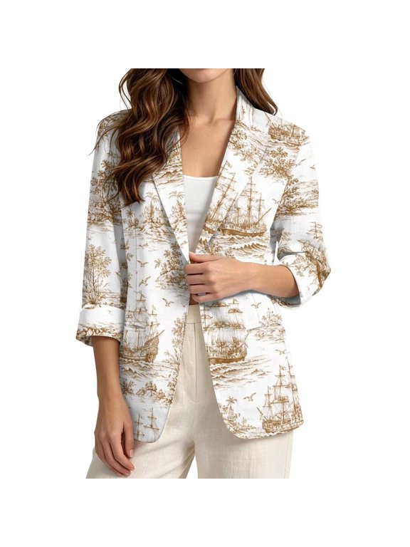 Gold Nautical Toile Blazer for Women Business Casual Outfits, XL, Work Office Clothes Interview Attire Professional Suit Jacket Dressy Lightweight Blazer