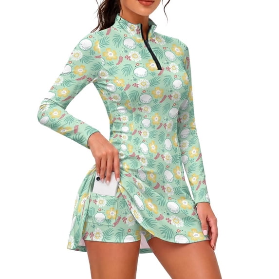 Xixirimido Golf Balls Tropical Floral Green Print Golf Dress for Women Long Sleeve, 1/4 Zip Tennis Athletic Dresses with Built-in Shorts and Pockets, UPF 50+ 2 Piece Golf Outfits, Large
