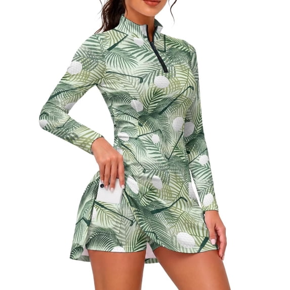 Xixirimido Golf Balls Tropical Leaf Print Golf Dress for Women Long Sleeve, 1/4 Zip Tennis Athletic Dresses with Built-in Shorts and Pockets, UPF 50+ 2 Piece Golf Outfits, Large