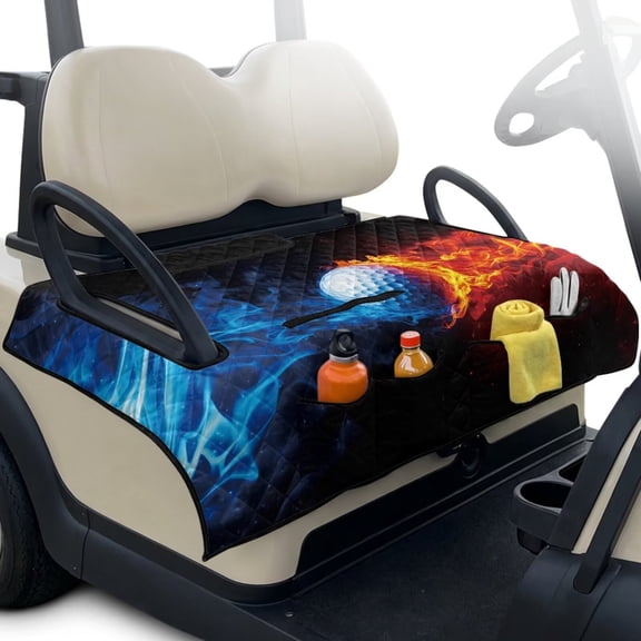 Xixirimido Golf Cart Seat Cover with 4 Pocket Quilted Golf Cart Seat Blanket Universal Club Car Seats Towel Fits 2-Person Carts Golf Carts Accessories, Red Blue Fire Golf Ball
