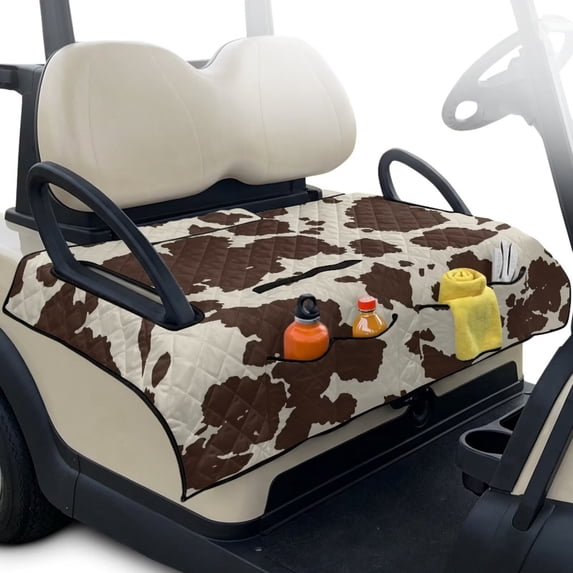 Xixirimido Golf Cart Seat Cover Quilted Golf Cart Seat Towel Blanket with 4 Pockets & Non Slip Backing Universal Fit for 2 Person Seats Carts, Brown Cow Cowhide