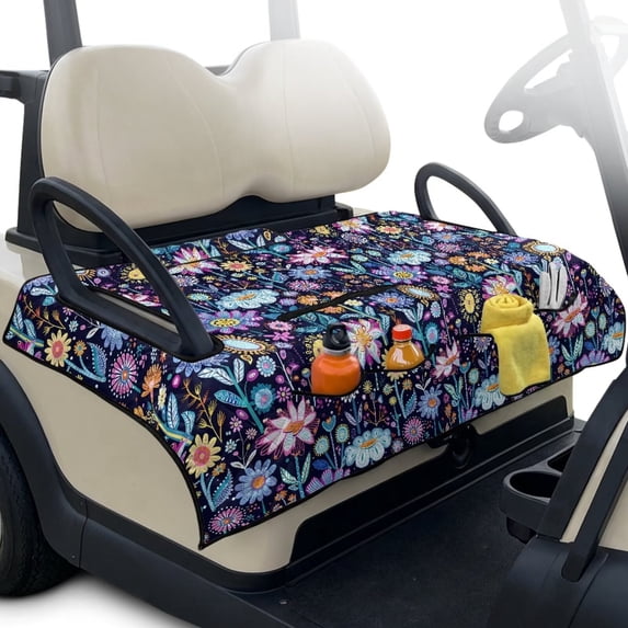 Xixirimido Golf Cart Seat Covers, Quilted Golf Cart Seat Towel Blanket with 4 Pockets Universal Fit for EZGO Club Car and More 2 Person Seats Carts Non-Slip, Abstract Boho Floral
