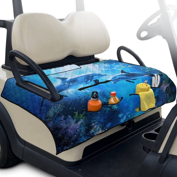 Xixirimido Golf Cart Seat Covers, Quilted Golf Cart Seat Towel Blanket with 4 Pockets Universal Fit for EZGO Club Car and More 2 Person Seats Carts Non-Slip, Dolphin Fishes Coral Undersea