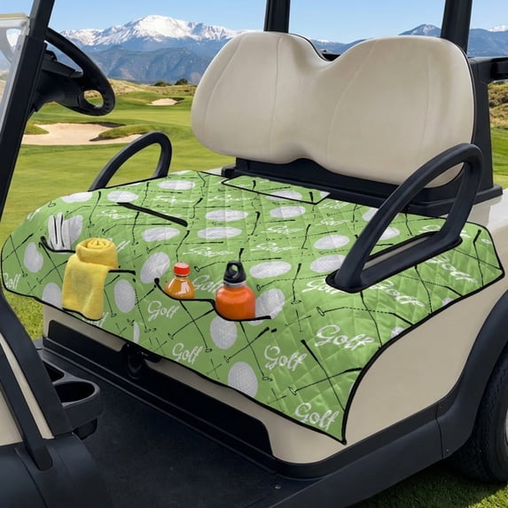 Xixirimido Golf Cart Seat Covers, Quilted Golf Cart Seat Towel Blanket with 4 Pockets Universal Fit for EZGO Club Car and More 2 Person Seats Carts Non-Slip, Golf Clubs Balls Green