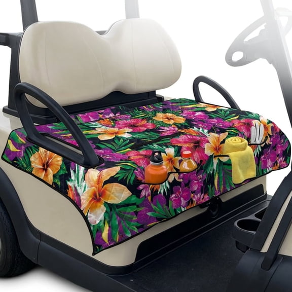 Xixirimido Golf Cart Seat Covers, Quilted Golf Cart Seat Towel Blanket with 4 Pockets Universal Fit for EZGO Club Car and More 2 Person Seats Carts Non-Slip, Tropical Hibiscus Flower
