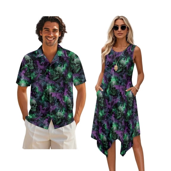 Xixirimido Gothic Skull Bats Matching Couple Outfits Men’s Button-down Hawaiian Shirt Women Sleeveless Midi Dress with Pocket Couples Matched Summer Outfits for Beach Vacation, Size XL