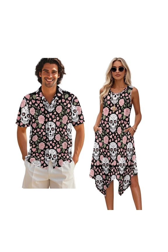 Gothic Skull Pink Rose Heart Matching Couple Outfits His and Hers Set Men's Button Down Shirt & Women's Sleeveless Midi Dress Summer Casual Beach Vacation Clothes, 5XL