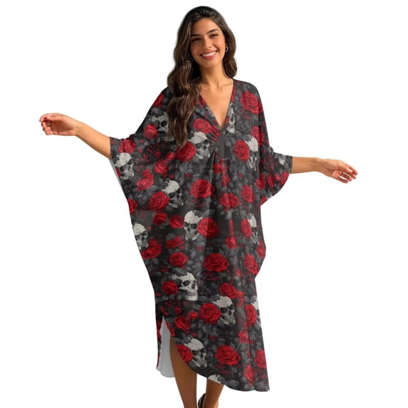 Xixirimido Gothic Skull Red Roses Print Women Kaftan Dresses Plus Size Beach Cover Up Deep V-Neck Batwing Sleeves Swimsuit Coverups Summer Caftan Dress