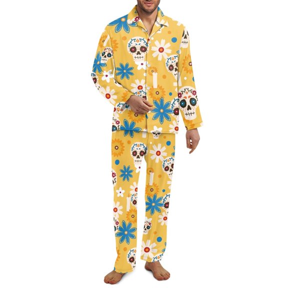 Xixirimido Gothic Skulls Floral Yellow Print Men's Pajamas Set Long Sleeve Button Down Pajamas for Men Fall Winter Sleepwear 2Piece Lounge PJs with Pockets, Small