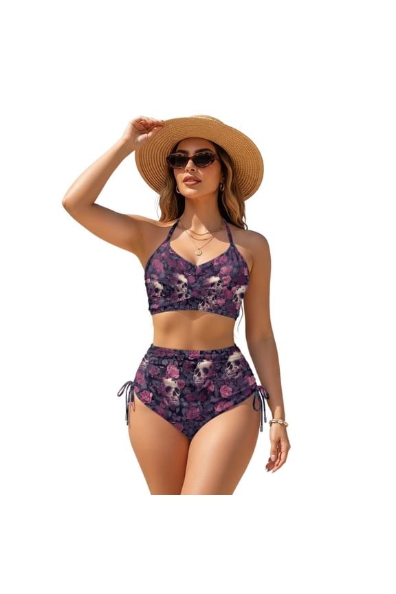 Gothic Skulls Roses Print Womens Tummy Control Bathing Suits Modest High Waisted Bikini Sets Cute Halter Tie Back 2 Piece Swim Suit, 3XL