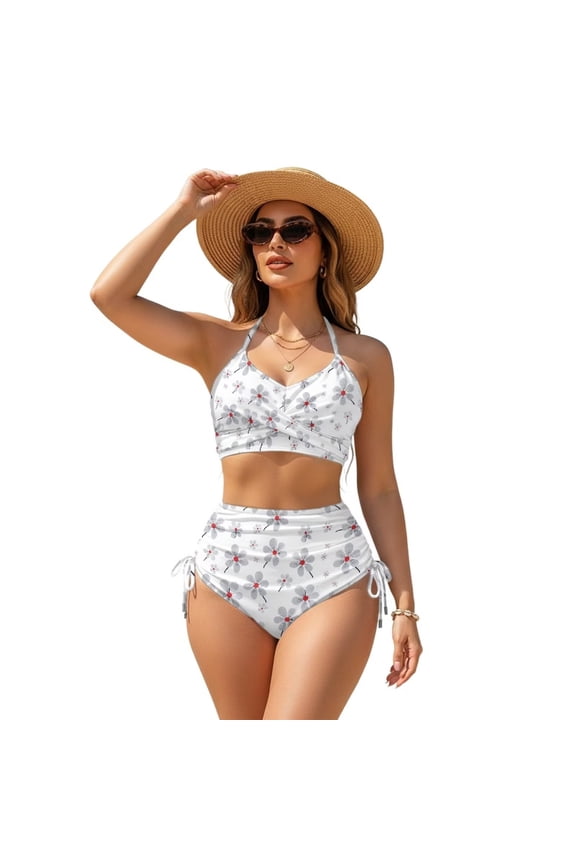 Gray Boho Floral Print Women 2 Pieces Bikini Sets Push Up High Waisted Swimsuit Tummy Control Bathing Suit Cross Tie Back for Beach, 2XL