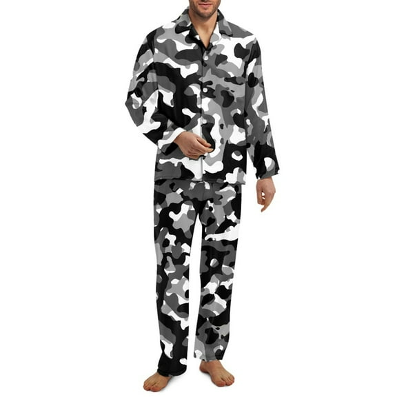 Xixirimido Gray Camouflage Print Mens Pajama Set Soft Button Down Notched Collar Pjs Long Sleeve 2 Piece Sleepwear Lounge Nightwear with Pockets, Large