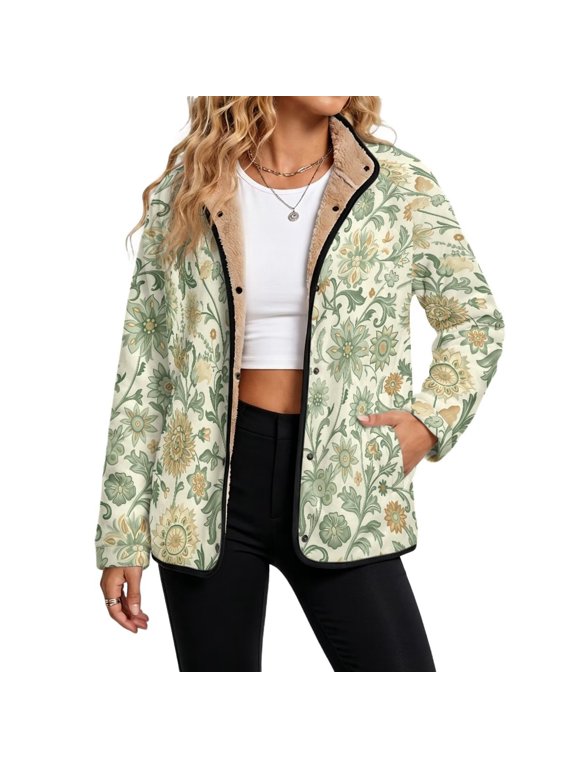 Green Boho Floral Fleece Jacket Women Sherpa Lined Winter Coat, Warm Sherpa Fleece Lined Women Jacket, Snap Front Stand Collar with Pockets, Loose Fit, for Daily Casual Wear, Medium