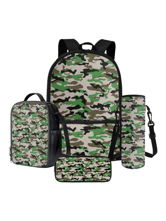 Green Camo Pattern 17" Large Capacity Backpack+Thermal Lunch Bag+Water Bottle Carrier 4Pcs Sets Back to School Supplies for Boy Girl School Bag Set