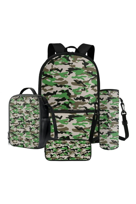 Green Camo Pattern 17" Large Capacity Backpack+Thermal Lunch Bag+Water Bottle Carrier 4Pcs Sets Back to School Supplies for Boy Girl School Bag Set