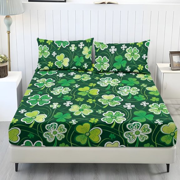 Xixirimido Green Clovers Print Sheets Set - 3 Piece Soft Breathable Bed Sheet Set - Deep Pocket Non-Slip 1 Fitted Sheet and 2 Pillowcases for St. Ptrick's Day, Twin Size
