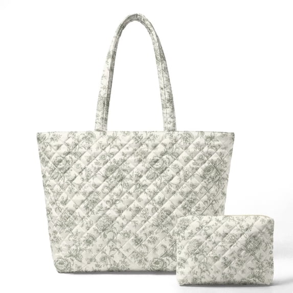Xixirimido Green Floral Toile de Jouy Quilted Tote Bag 2 Pack for Women, Lightweight Work Travel Tote Handbag with Cosmetic Bag Zipper Closure