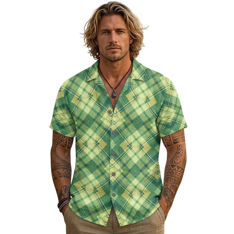 mens green print dress shirt Xixirimido Geometric Linen Button Down Short Sleeve Breathable Summer Casual Shirts Cuban Collar Beach Vacation Hawaiian Tops mens silk shirts