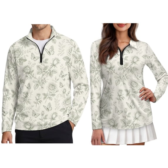 Xixirimido Green Roses Toile Matching Golf Shirts for Couples Long Sleeve Matching Couple Golf Shirts 1/4 Zip Quick Dry Stretch Athletic Tops Sportswear for Men Women 2XL