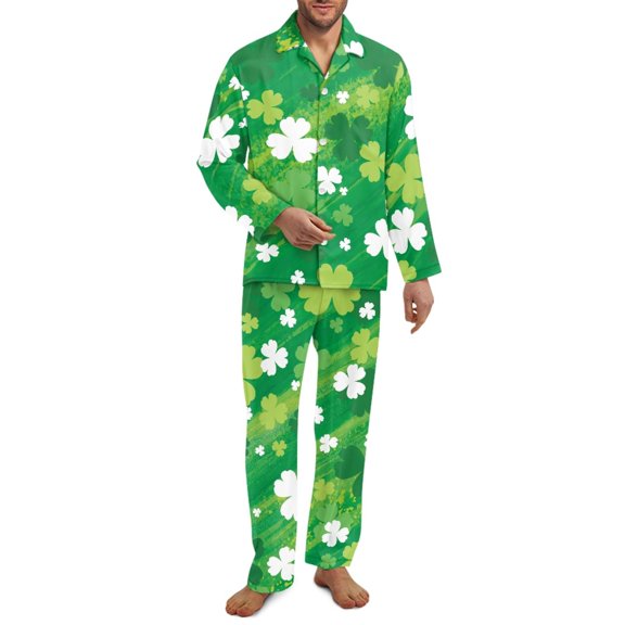 Xixirimido Green Shamrock Print Men's Pajamas Set Long Sleeve Button Down Pajamas for Men Fall Winter Sleepwear 2Piece Lounge PJs with Pockets, Large
