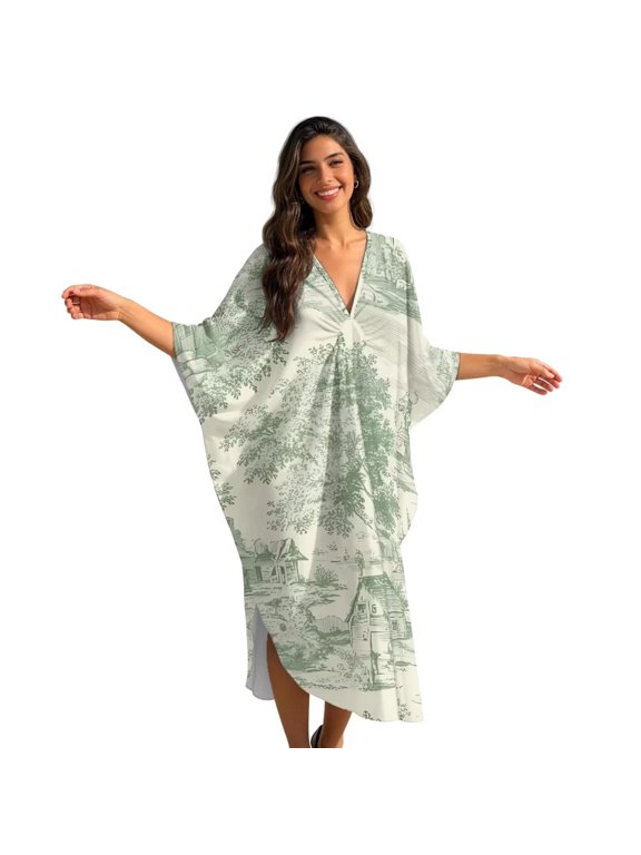 Green Toile De Jouy Print Women Kaftan Dresses Plus Size Swimsuit Coverup Batwing Sleeve Summer Bathing Suit Caftan Loungewear Beach Cover Up