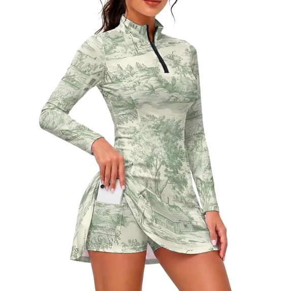 Xixirimido Green Toile de Jouy Print Golf Dress for Women Long Sleeve, 1/4 Zip Tennis Athletic Dresses with Built-in Shorts and Pockets, UPF 50+ 2 Piece Golf Outfits, Large