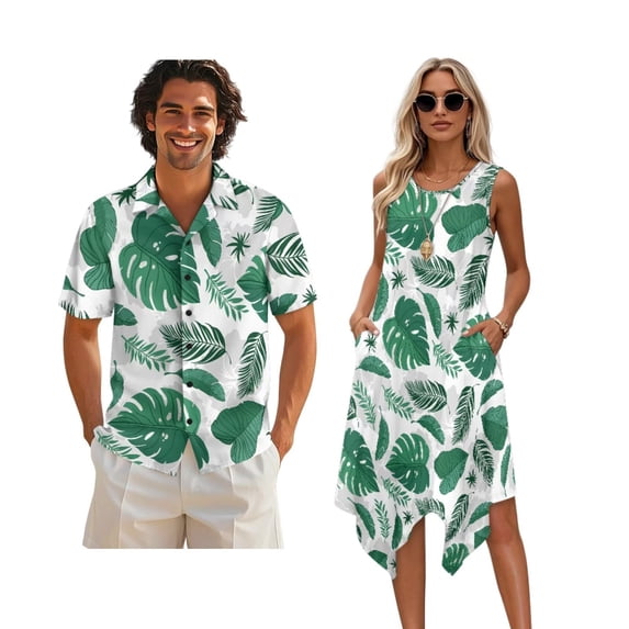 Xixirimido Green Tropical Leaf Print Matching Couple Outfits Men’s Button-down Hawaiian Shirt Women Sleeveless Midi Dress with Pocket Couples Matched Summer Outfits for Beach Vacation, 4XL