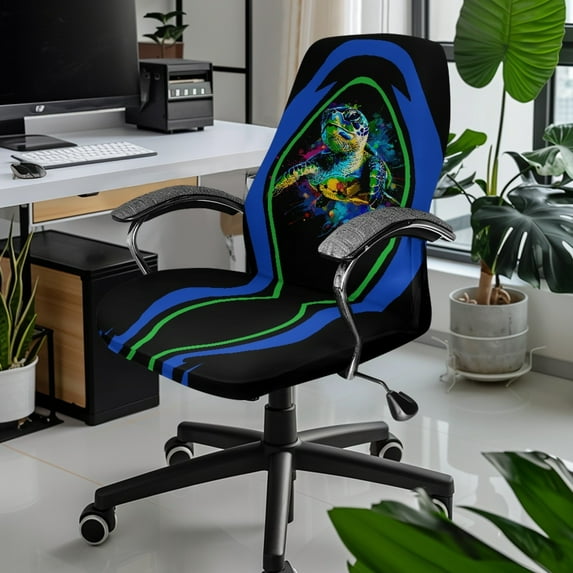 Xixirimido Green Turtle Print Office Chair Covers Stretchable Computer Gaming Chair Cover, Universal Desk Chair Covers Removable Rotating Chair Slipcover with Button, Large
