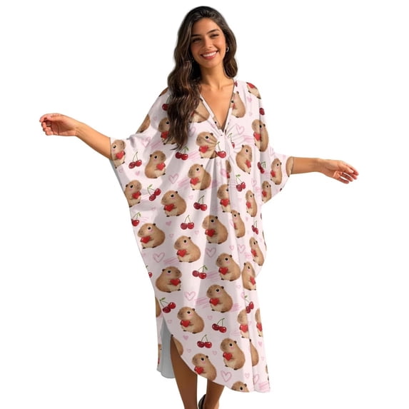 Xixirimido Guinea Pigs Cherries Pink Print Women Kaftan Dresses Plus Size Beach Cover Up Deep V-Neck Batwing Sleeves Swimsuit Coverups Summer Caftan Dress