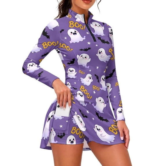 Xixirimido Halloween Cute Ghosts Bats Print Golf Dress for Women with Shorts, Long Sleeve Mini Tennis Dress, 1/4 Zip Workout Athletic Dresses, UPF 50+, Quick Dry, X-Large