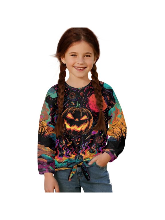 Halloween Fire Jack-o-lantern Pattern Girls Long Sleeve Shirts Casual Crew Neck Tunic Tops Tie-hem Basic Tunic Blouses Fashion 3D Graphic Tees, Size 9-10