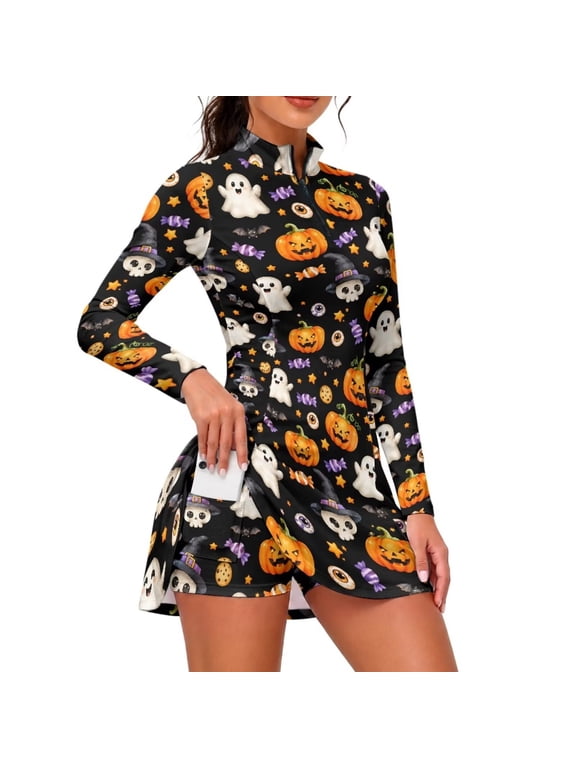 Halloween Ghost Pumpkin Stars Print Golf Dress for Women Long Sleeve, 1/4 Zip Tennis Athletic Dresses with Built-in Shorts and Pockets, UPF 50+ 2 Piece Golf Outfits, Small