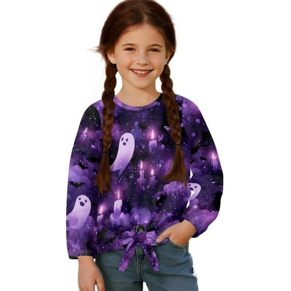 Xixirimido Halloween Ghosts Bats Purple Pattern Girls Casual Tunic Tops Tie-hem Long Sleeve Loose Soft Blouse T-Shirt Cute Graphic Girls Shirts, Size 5-6