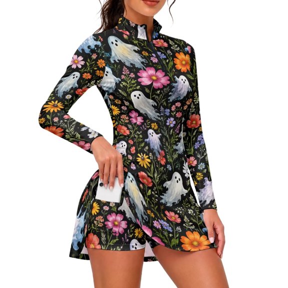 Xixirimido Halloween Ghosts Daisy Flower Print Women Long Sleeve Golf Dress, Mini Tennis Dress with Built-in Shorts, Quick Dry Breathable Workout Sports Athletic Dress, XX-Large