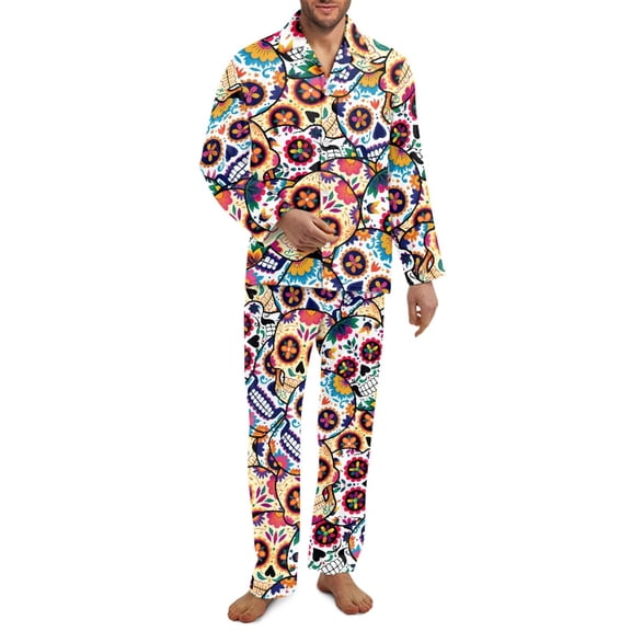 Xixirimido Halloween Gothic Skulls Floral Print Mens Pajama Set Soft Button Down Notched Collar Pjs Long Sleeve 2 Piece Sleepwear Lounge Nightwear with Pockets, X-Large