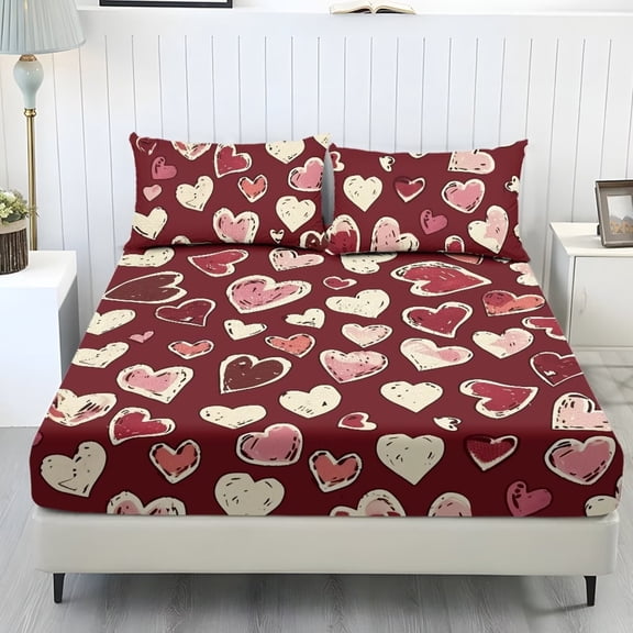 Xixirimido Heart Shape Wine Red Print Fitted Sheet with Pillowcases 3 Piece Set Deep Pocket Fitted Sheet for Bedroom Ultra Soft Fitted Bottom Sheet for Valentine's Day, Twin Size