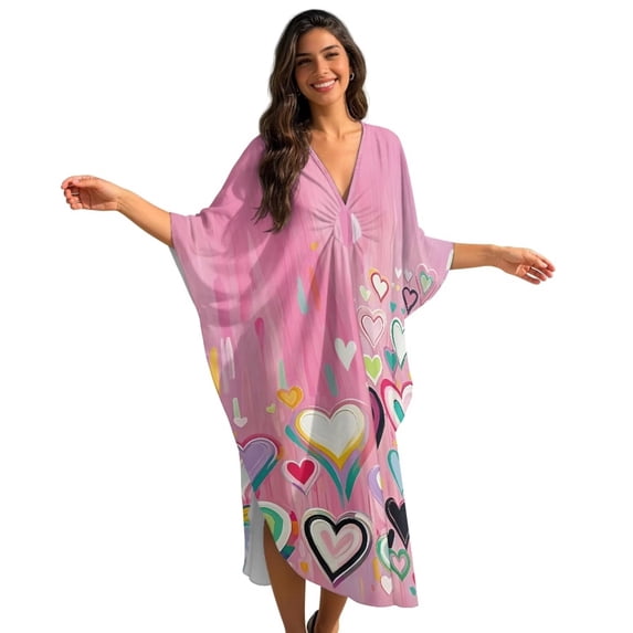 Xixirimido Heart Shapes Pink Print Women's Kaftan Dresses Plus Size Beach Cover Up V-Neck Batwing Sleeve Swimsuit Coverup Summer Caftan Dress