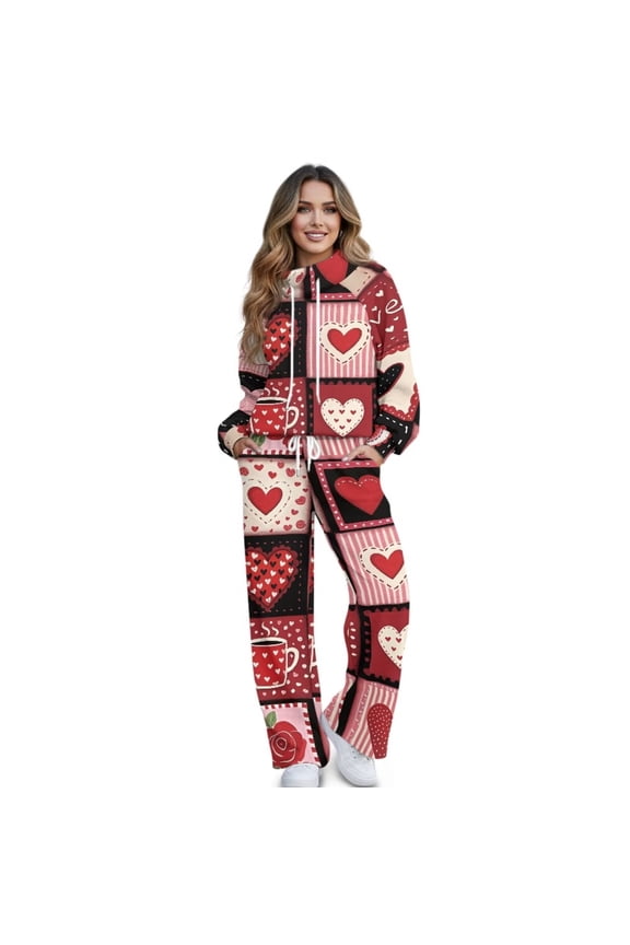 Hearts Patchwork Print Women’s Sweatsuits 2 Piece Outfit Fall Fashion Lounge Sets Long Sleeve Sweatshirt Wide Leg Sweatpants Plus Size Tracksuit for Velentine's Day, Medium