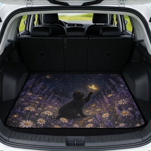 Xixirimido Heavy Duty Cargo Liner Floor Mat All Weather Trunk Protection, Universal Anti-slip Car Trunk Mat for Car Van SUV Sedan 29" x 39", Black Cat Daisy Lavender