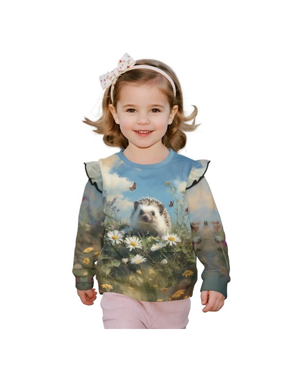 Hedgehog Daisy Flower Print Ruffle Shoulder Toddler Girls Sweatshirt Long Sleeve Graphic Pullover Top Soft Crewneck Sweater Fall Winter Wear, for 4-5T
