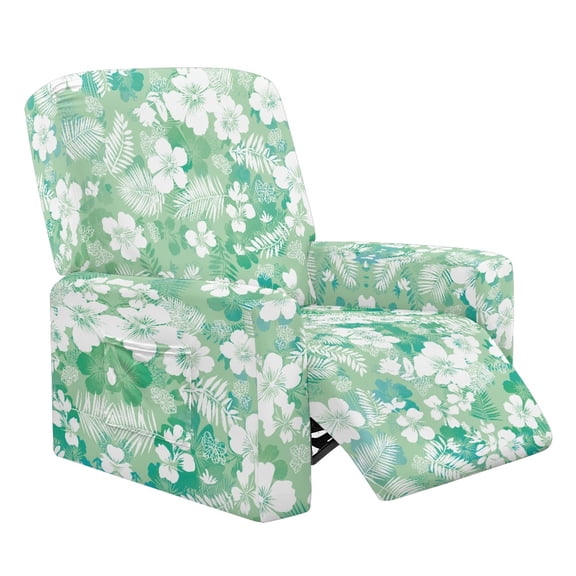 Xixirimido Hibiscus Flower Green Pattern Printed Recliner Slipcover Stretch Reclining Chair Covers 4 Pieces Non Slip Recliner Sofa Slipcovers with Pocket Lazy Boy Chair Cover for Pet Kid