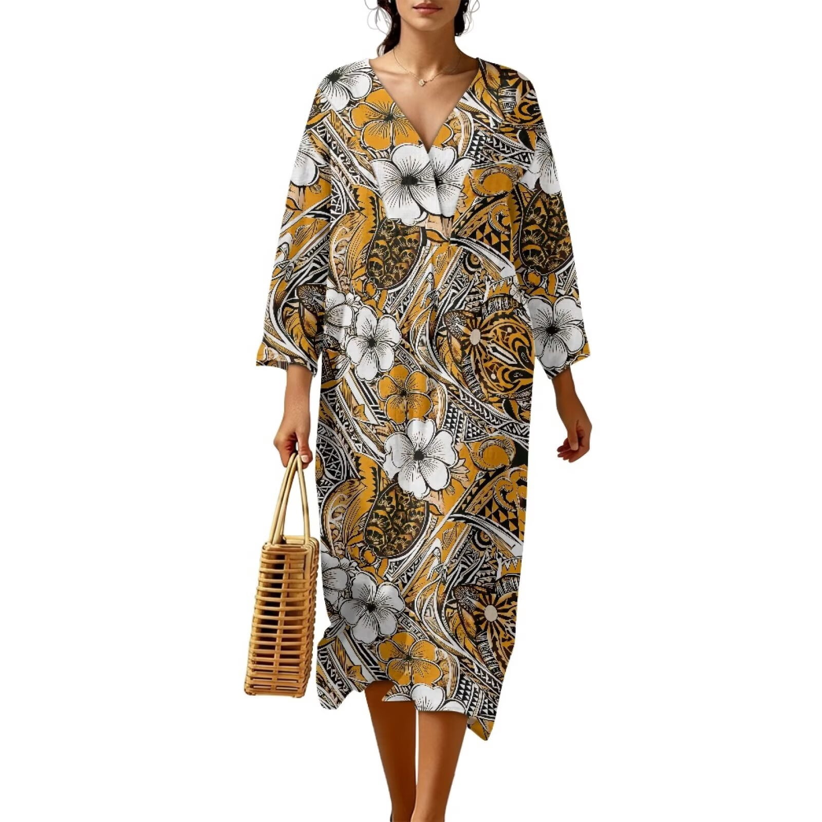 Xixirimido Hibiscus Flower Polynesian Tribal Print Women's Casual 3/4 Sleeve Midi Dress V Neck A-Line Loose Flowy Linen Dress Beach Travel Long