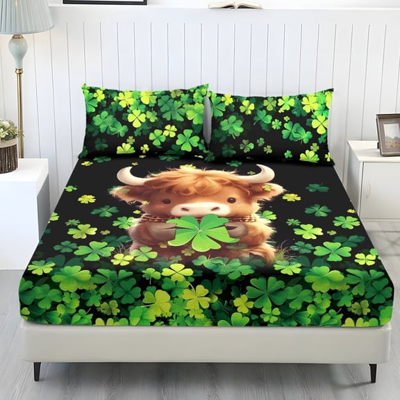 Xixirimido Highland Cattle Green Shamrock Print Sheet Set Breathable Fitted Bottom Sheet Soft Wrinkle-Resistant Durable Bedding Set with Deep Pockets for St. Patrick's Day Decor, Twin Size