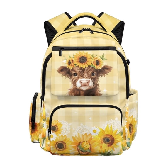 Xixirimido Highland Cattle Sunflower Print 17" School Backpack for Girls Multi-pocket Bookbags Large School Bag for Elementary Middle High School Students Back to School Supplies